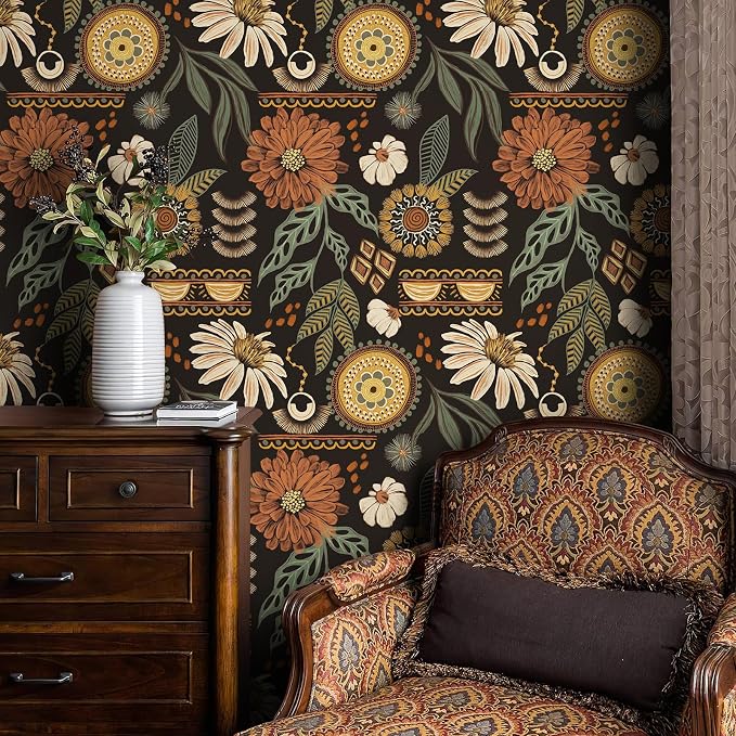 JiffDiff Boho Peel and Stick Wallpaper Vintage Floral Wall Paper Removable Sun