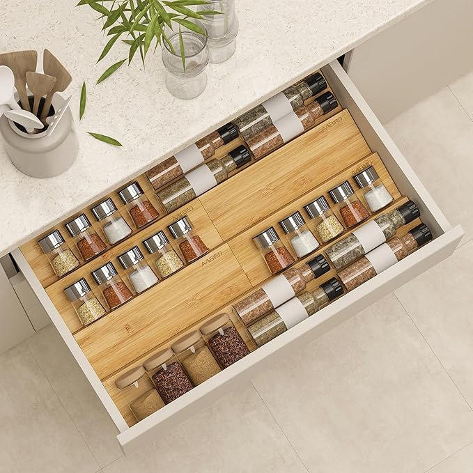 AMBIRD Bamboo Spice Drawer Organizer with Non-slip Mat,4 Tier - 2 Set Jar Spice Rack Tray From 9.5''to 19'', Seasoning Organizer for Kitchen,Cabinet,Drawers,Countertop