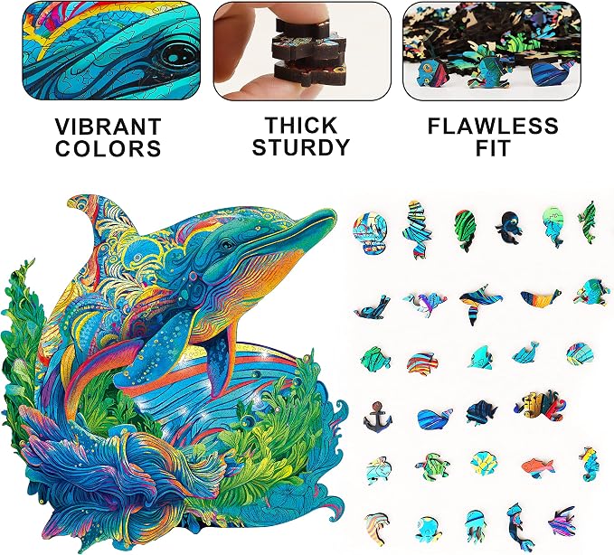 Mys Aurora Wooden Puzzles, Dolphin Jigsaw Puzzles 500 Pieces | Unique Shaped Wooden Puzzles for Adults and Kids, Family Game 17.3 x 14.8 Inch