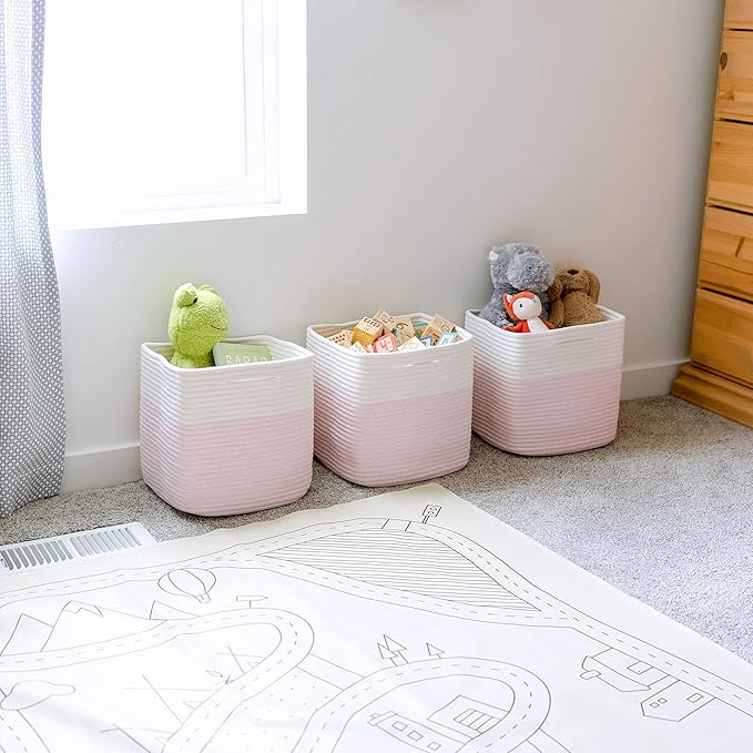 NaturalCozy 13 Inch Cube Storage Bins Cotton Rope Woven Baskets for Organizing 3-Pack | 13 x 13 Storage Cubes | Fabric Square Storage Baskets for Shelves Organizer, Kids Toy Bins, Closet Baby Nursery