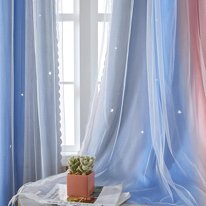 XiDi Curtains for Bedroom Decor, Rainbow PinkGreyBlue-52-45