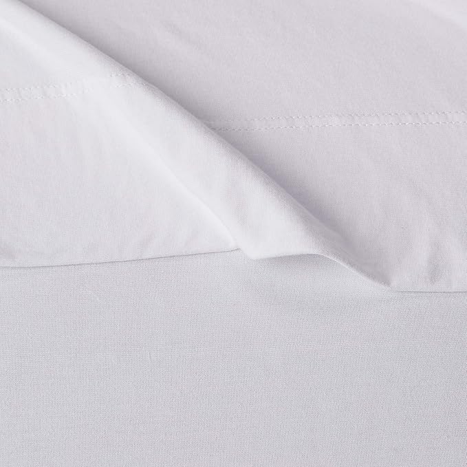 Amazon Basics 4 Piece Comfortable Cotton Jersey Bed Sheet Set, Includes Soft Flat and Fitted Sheets, Pillowcase, Queen, White, Solid