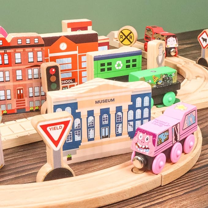 20 Pc Wooden City Play Set - Wooden Town Buildings and Street Signs for Play Mats, Toy Cars and Trains - Educational Preschool Track Accessories - Community Helpers Stacking Blocks Learning Toddler