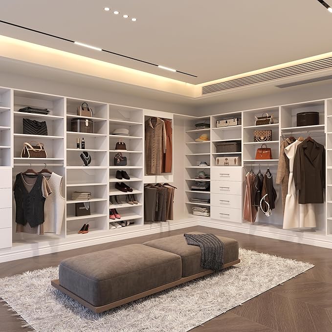 Medium Double Hanging Closet Unit, Modular Closet System, Wood Closet System Organizer with Storage for Walk In Closets, Clothing Rack Closet for Hanging Clothes, Bedroom, White, 28.5"W