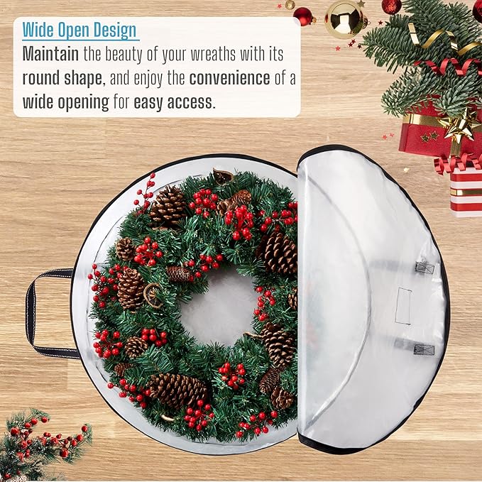 VENO 4 Pack Christmas Wreath Storage Container - 30 Inch Clear Wreath Bag, Christmas Garland and Holiday Decoration Organizers with Zipper and Durable Handles (Clear, 30"-4 Pack)