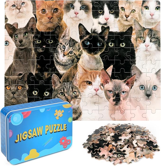 LELEMON 100 Pieces Cute Cats Jigsaw Puzzle for Kids Ages 4-8 Multicolor Cats Puzzles in a Metal Box Children Girls Boys Learning Educational Puzzles Toys