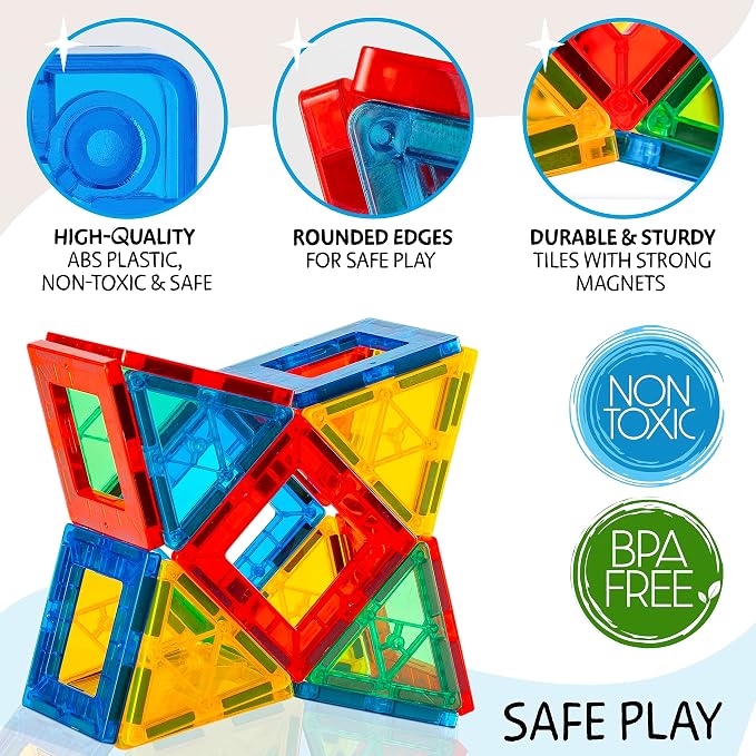 SUNNY AUNTIE Magnetic Tiles STEM Toys Building Set, Ages 3+ - 125 Pieces | Magnetic Tiles Building Toys, STEM Toys, Magnetic Blocks Construction Set, with 2 Cars & Guide Booklet for Kids Ages 3+