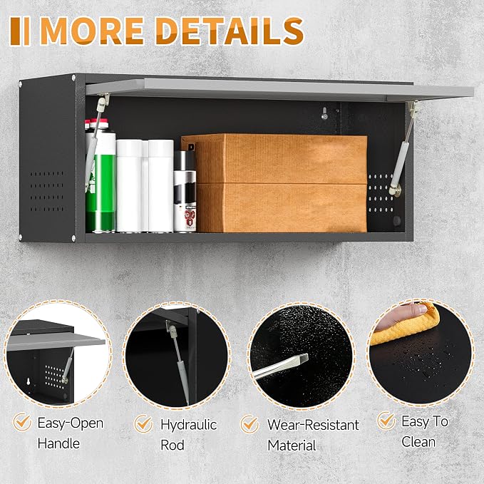 Metal Garage Wall Cabinet with Up-Flip Door, Wall-Mounted Steel Storage Cabinet