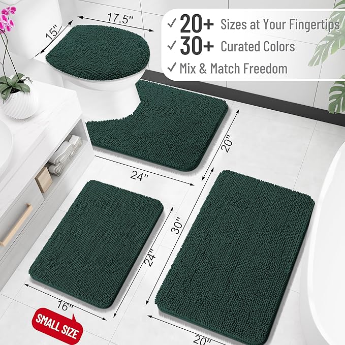 OLANLY Toilet Rugs U-Shaped 24x20, Extra Soft Absorbent Chenille Contour Bathroom Rugs for Toilet, Dry Quickly, Machine Washable, Non-Slip Bath Mat, Blackish Green