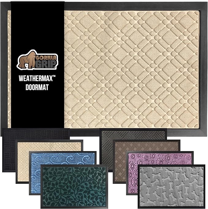 GORILLA GRIP 100% Waterproof All-Season WeatherMax Doormat 35x23, US Designed Natural Rubber, Stain and Fade Resistant, Low Profile Indoor Outdoor Door Mats, Easy Clean Patio Mat, Modern Latte