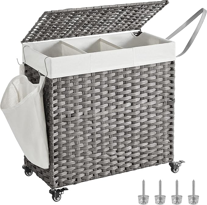 SONGMICS Laundry Hamper with Lid, 37 Gallons (140 L), Rolling Laundry Basket with Wheels, 3-Section Synthetic Rattan, Removable Liner, Bedroom, 26 x 13 x 26 Inches, Gray ULCB363G01
