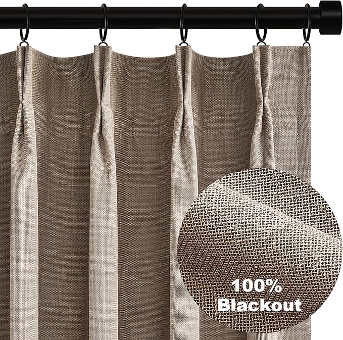 Topfinel 100 Inch Long Black Out Burlap Custom Curtains, Taupe Greige Tweed Pleated Window Coverings, Pinch Pleated Boho Farmhouse Heat Sound Block Back Tab Curtains for Sliding Door Bay Window