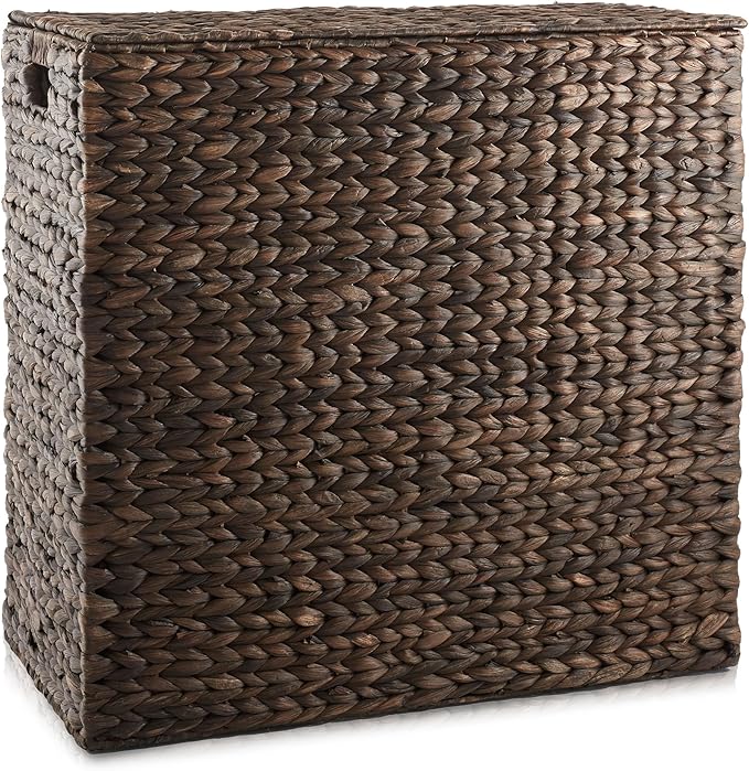 Casafield 2-Section Laundry Hamper with Removable Liner Bags - Espresso Dark Brown, Woven Water Hyacinth Double Laundry Basket Sorter for Clothes