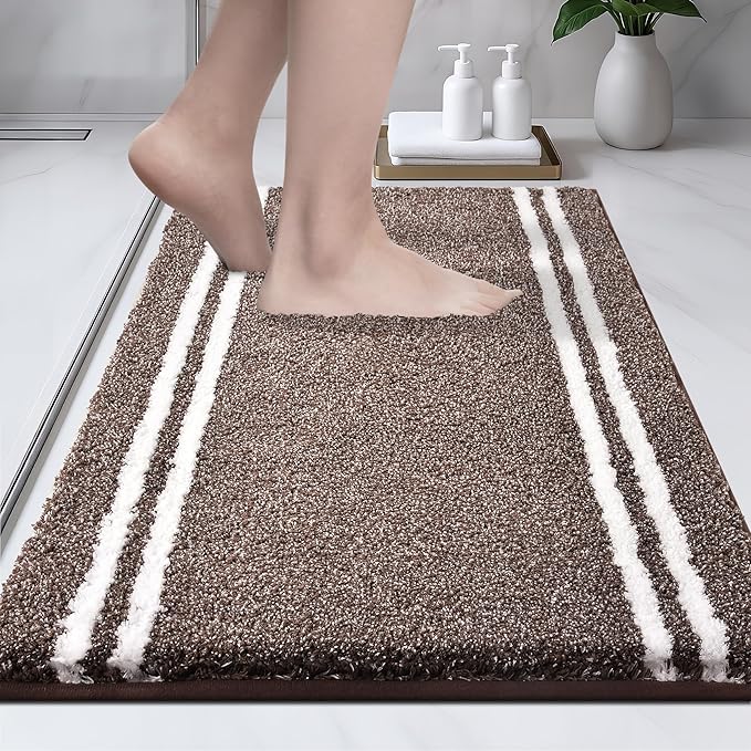 PURRUGS Bathroom Rug Non-Slip Machine Washable 20" x 30", Super Absorbent and Quick Dry Shaggy Microfiber Bath Mat, Extra Soft and Plush Bath Rug for Bathtub, Shower and Sink, Brown