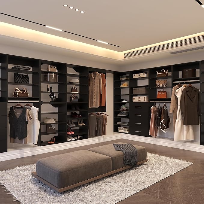 Medium Double Hanging Closet Unit, Modular Closet System, Wood Closet System Organizer with Storage for Walk In Closets, Clothing Rack Closet for Hanging Clothes, Bedroom, Black, 28.5"W