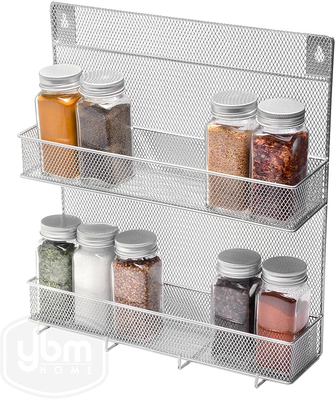 YBM Home 2-Tier Wall Mount Mesh Spice Rack Organizer with Hooks for Cabinet Pantry Door Kitchen, Large Hanging Spice Shelf, Chrome 1153