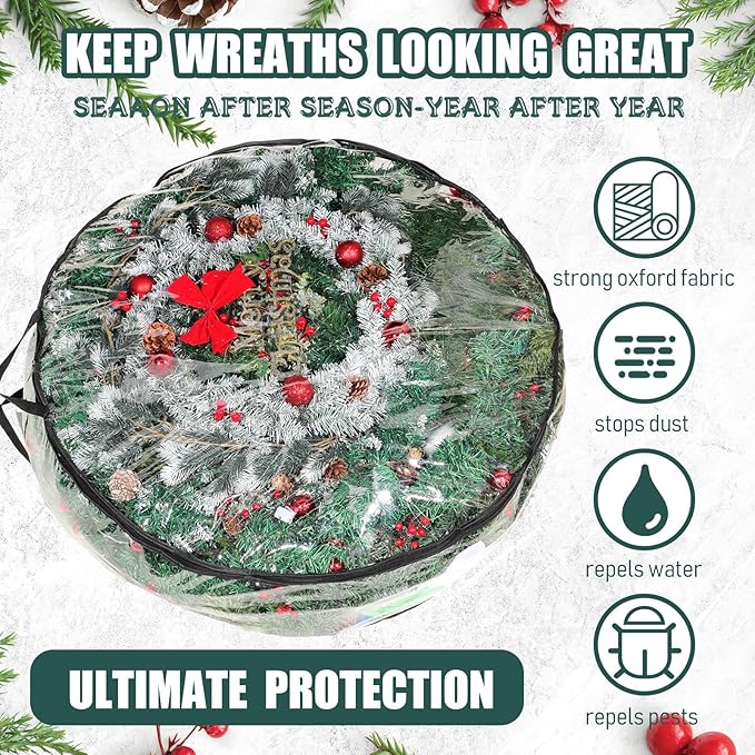Shappy 10 Pcs 36 Inch Christmas Wreath Storage Container Clear Wreath Storage Bags PVC Waterproof Garland Bags with Clear Window Dual Zippers and Handles for Xmas Holiday Artificial Garland (Black)