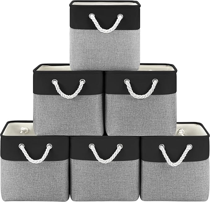11 Inch Storage Cubes 6-Pack, Foldable Fabric Organizer Bins with Rope Handles, Cube Storage Baskets for Closet Shelves and Home Organization(Dark/Gray)