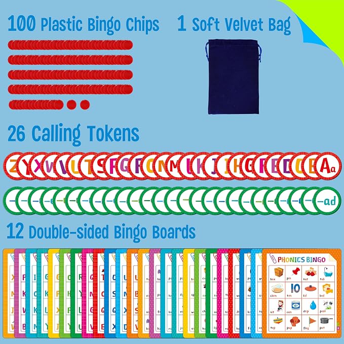 Alphabet & Phonics Bingo Game, 12 Bingo Boards ABC Letters, CVC Blends Words Phonetic Game, Letters Phonetic Awareness Early Educational Learning Toys - Ages 4 and up, Perfect for Classroom & At Home