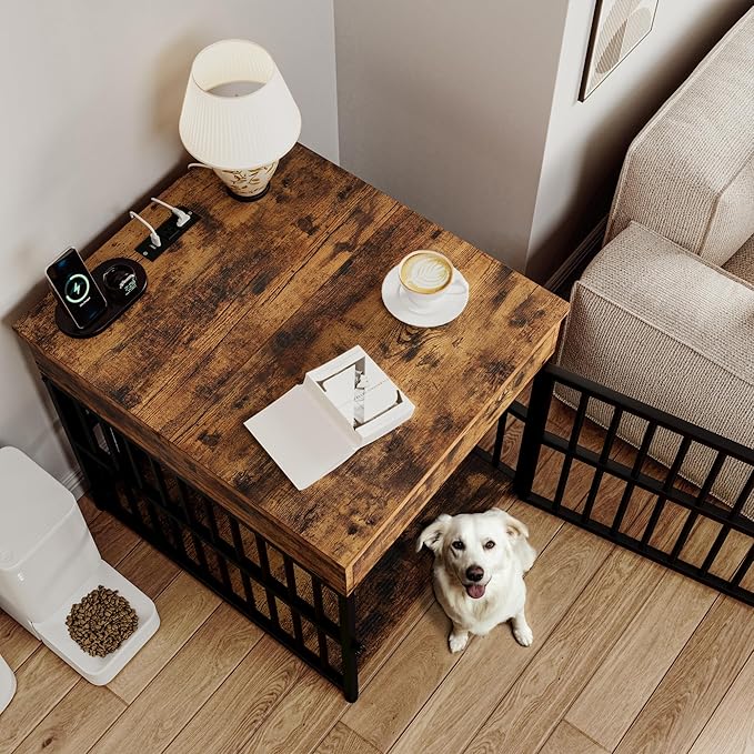 IRONCK Dog Crate Furniture for Small Dogs, Wooden Dog Kennel with Flip Top Drawer, Indoor Pet Crate End Table with Charging Station, Steel-Tube Dog Cage, Rustic Brown