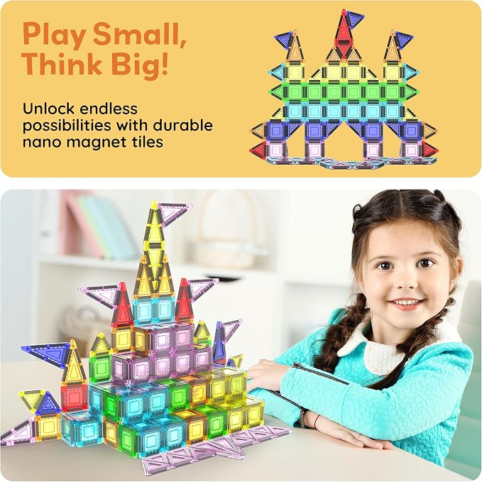 PicassoTiles 40 PCS Mini Magnetic Tiles Travel Toy Educational Building Set | BPA-free plastic construction, age 3+ STEM learning, hand-eye coordination, compact storage box, portable geometric blocks