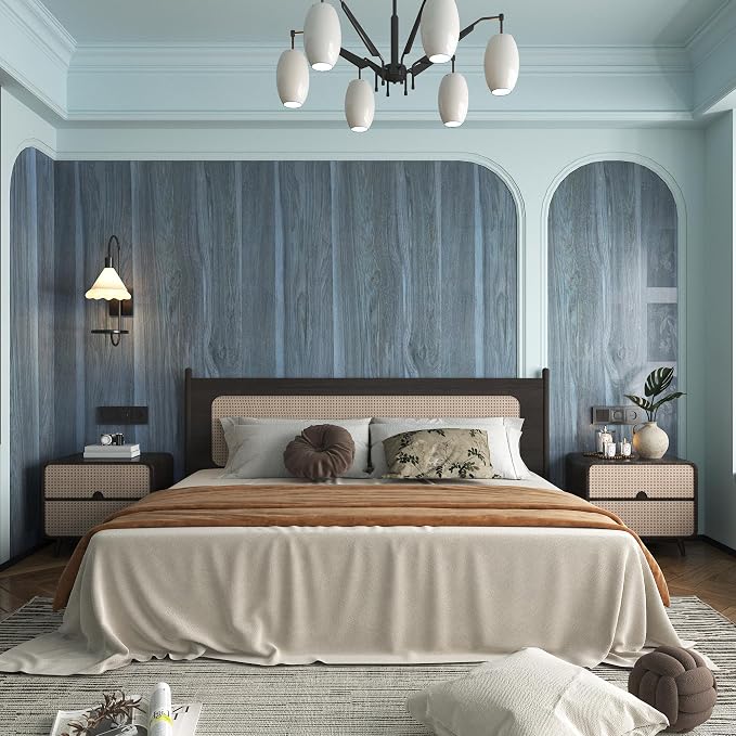BOMENG Blue Wood Wallpaper Stick and Peel Peacock Wood Grain Contact Paper