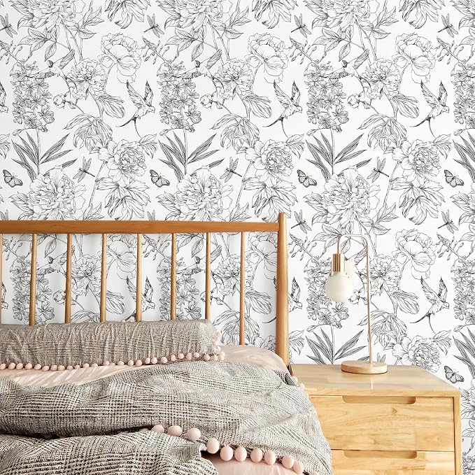 Jiffdiff White and Black Wallpaper Peel and Stick Sketched Peony Floral