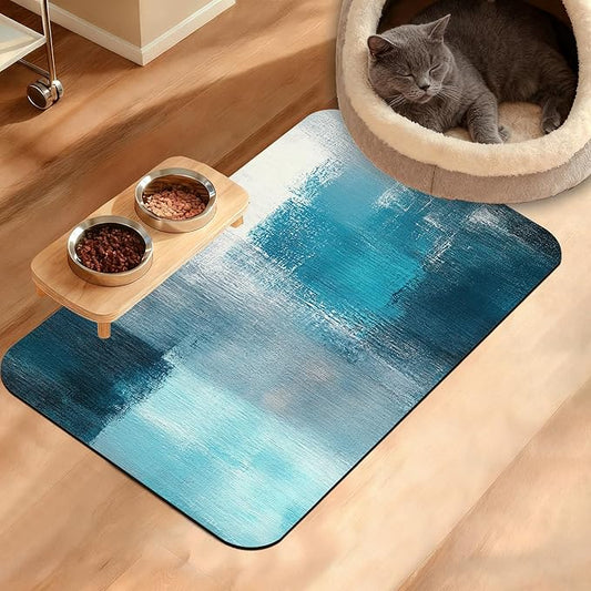 Pet Feeding Mat,Art Painting Absorbent Dog Cat Food Mat Grey Blue Dog Mat with Rubber Backing,Non-Slip Water Bowl Placemat,Pet Supplies 16" x 24"