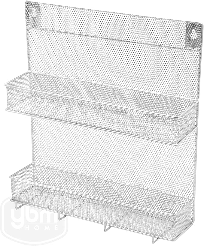 YBM Home 2-Tier Wall Mount Mesh Spice Rack Organizer with Hooks for Cabinet Pantry Door Kitchen, Large Hanging Spice Shelf, Chrome 1153