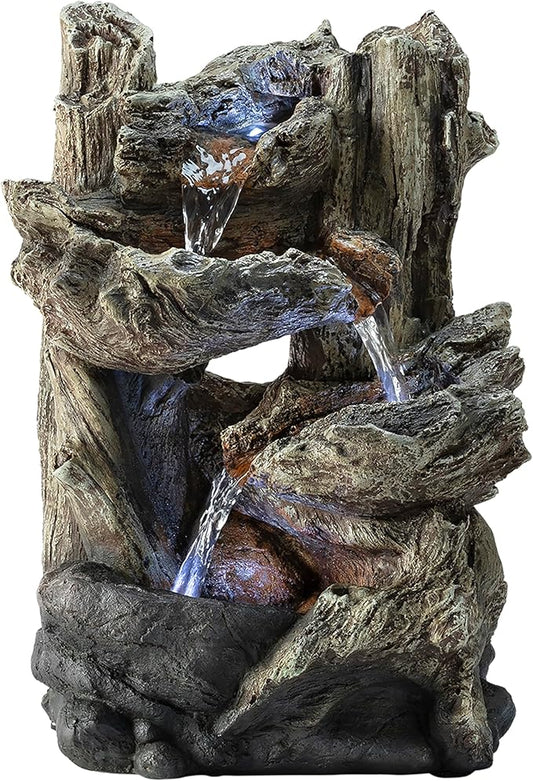 Alpine Corporation | 14"H Indoor Tiered Log Tabletop Fountain with LED Lights — Cascading Waterfall Design Creates Relaxing Ambiance for Home & Office Décor