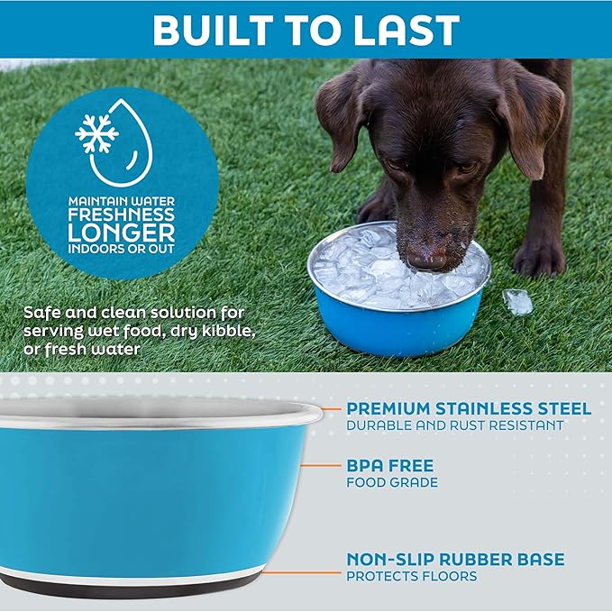 Master Pet Supply Stainless Steel Dog Bowls Set of 2 (16 Oz Each) with Non-Slip Rubber Base - Emerald Sea - Basic Dog Food Bowl Water & Food Bowls for Small Medium Large Dogs & Cats, Metal Dish