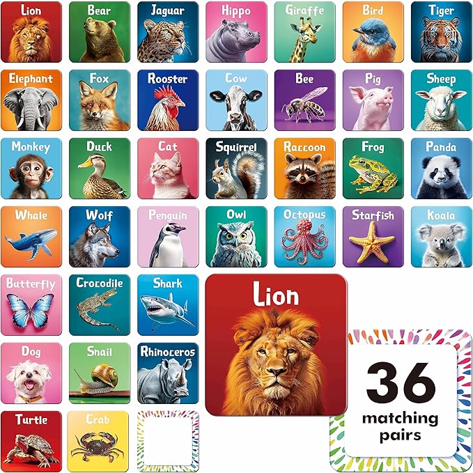 Hebayy 72 PCS Memory Matching Game, Real Animal Matching Cards for Toddlers 36 Pairs Memory Cards for Preschool 4 5 6 Years Old