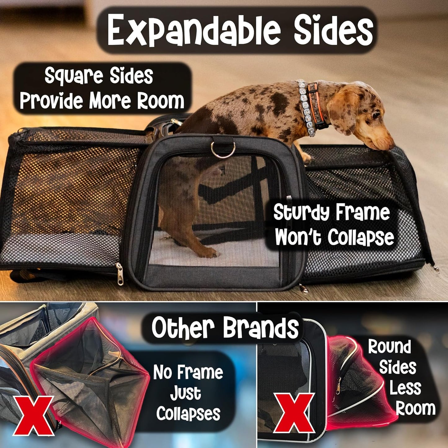 Pet Carrier with Wheels | United Delta American Frontier Airline Approved | Two Expandable Sides, Storage Pockets Adjustable Leash | Rolling Dog and Cat Carrier TSA Compliant (Grey)