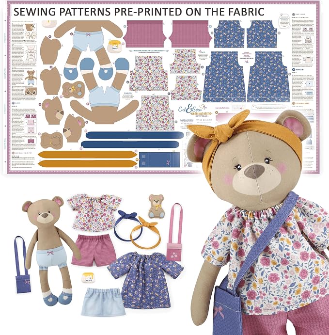 kullaloo - Sewing Kit for Kids & Beginners - Cut & Sew Fabric Panel – Sewing Patterns Pre-Printed on the Fabric - DIY Rag Doll Kit with Clothes - Betsy Bear Sewing Project - Incl. Video Instructions