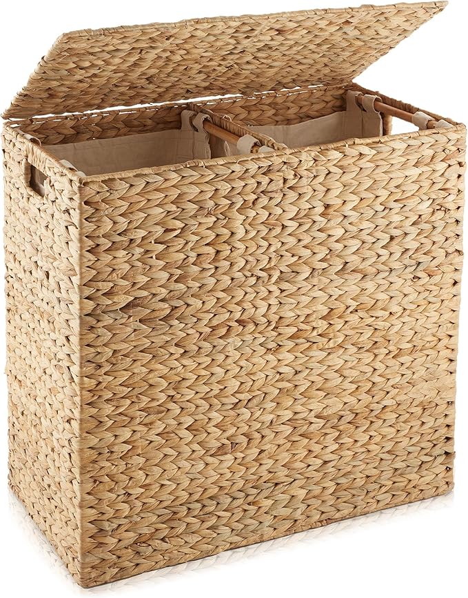 Casafield 2-Section Laundry Hamper with Removable Liner Bags - Natural, Woven Water Hyacinth Double Laundry Basket Sorter for Clothes and Towels