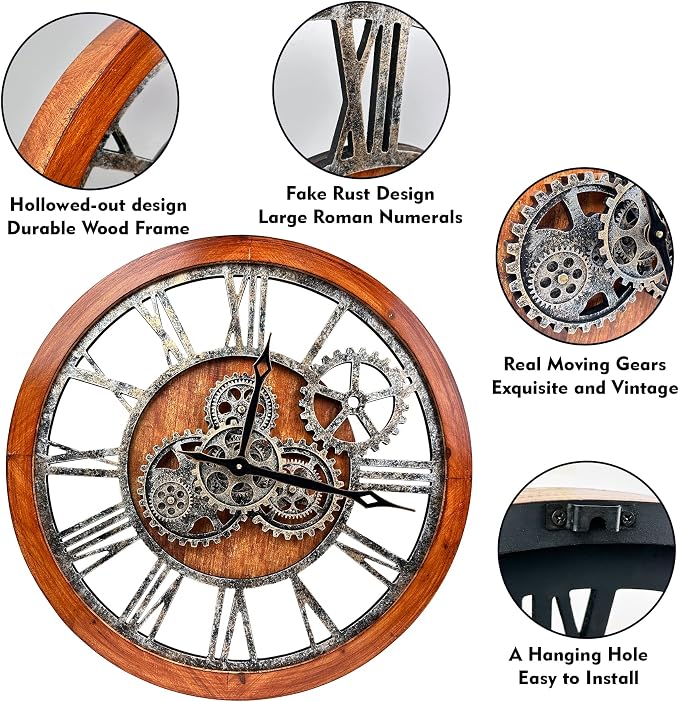 The B-Style Large Wall Clock 24 inch Moving Gear Wall Clock Oversized Vintage