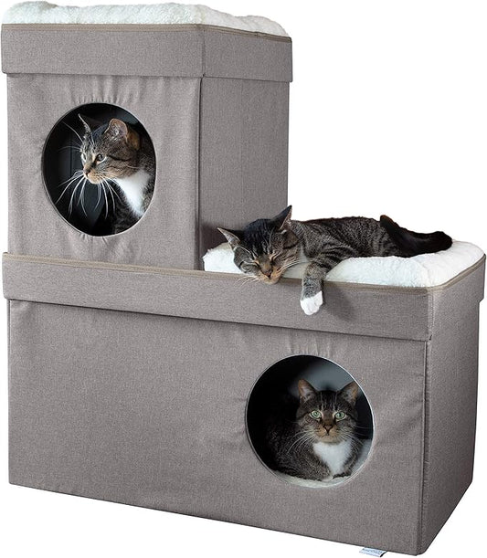 Kitty City Large Stackable Cat Condo & Cube House, Modular Indoor Cat Furniture with Plush Washable Beds, Collapsible Cat Cave & Lounging Ottoman, Tan