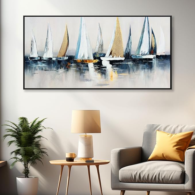 Abstract Wall Art Blue and White Sailboat Wall Paintings Framed Artwork