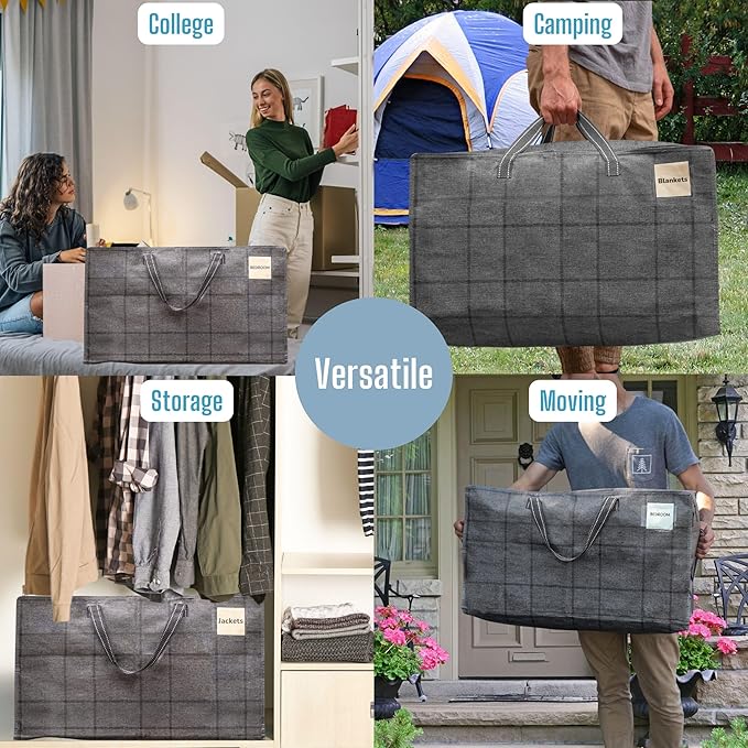VENO 8 Pack Moving Bags, Moving Supplies, Moving Boxes, College Packing Storage Boxes with Lids Alternative, Heavy Duty Dorm Organizer Tote, Extra Large, Sturdy Handles, Zipper (Windowpane, 8 Pack)