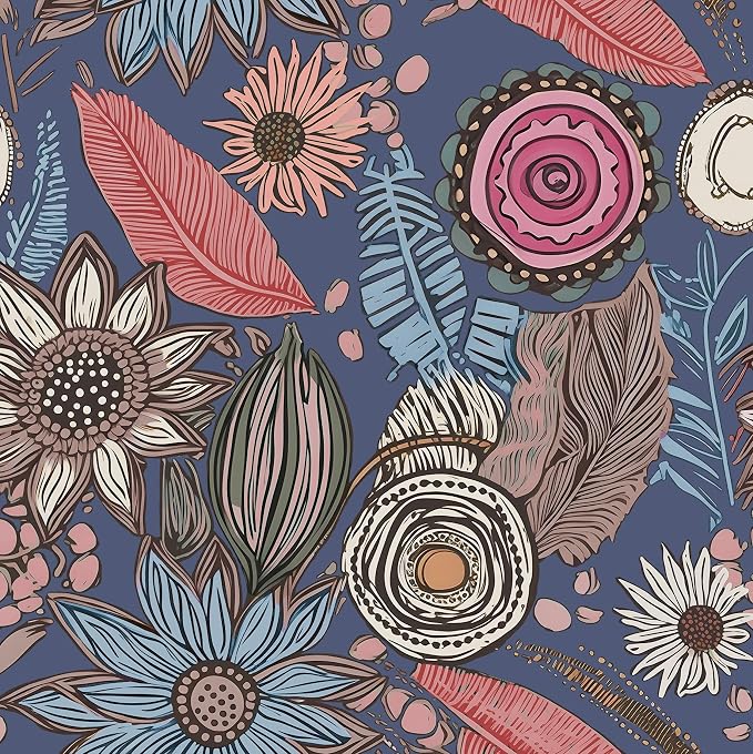 Blue Pink Wallpaper Peel and Stick, Vintage Boho Floral Contact Paper 17.5" x