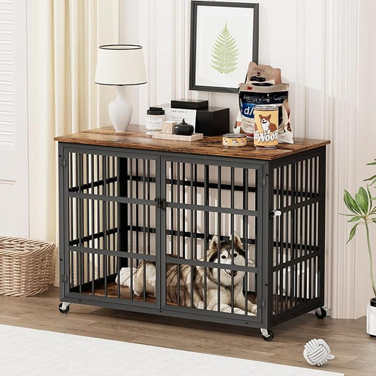 Aoowow Dog Crate Furniture for Small Medium Dogs, 43.3" Dog Kennel Indoor End Table with Side Doors, Iron Heavy Duty Dog Cage with Wheels, Rustic Brown