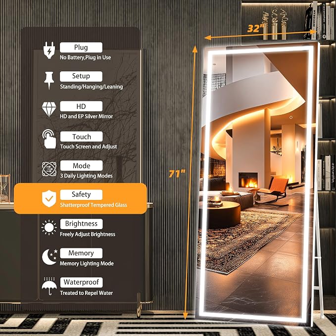 Hasipu Full Length Mirror with Lights, Full Body Dressing Hanging Mounted Mirror