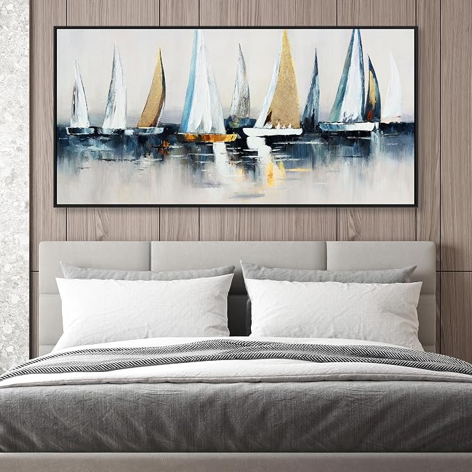 Abstract Wall Art Blue and White Sailboat Wall Paintings Framed Artwork