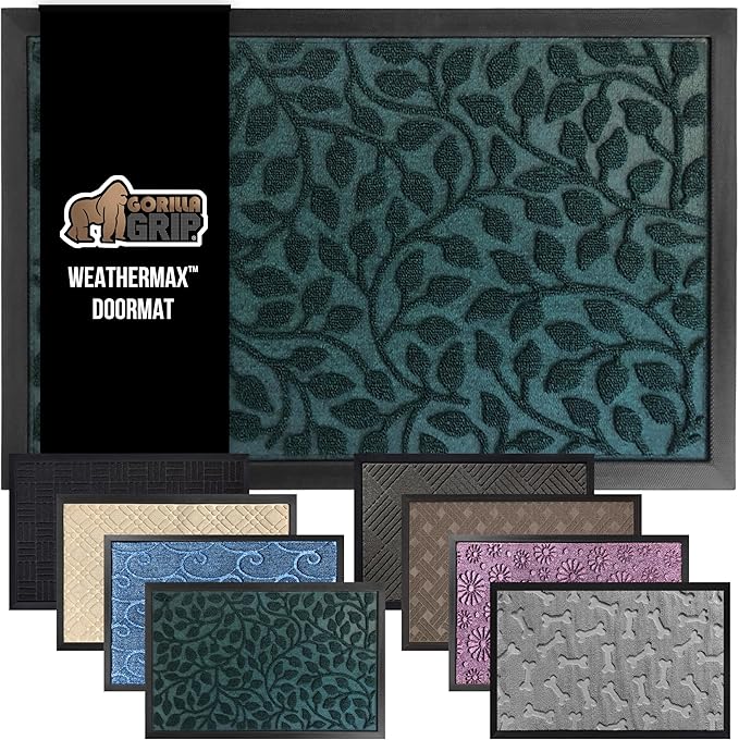GORILLA GRIP 100% Waterproof All-Season WeatherMax Doormat 35x23, US Designed Natural Rubber, Stain and Fade Resistant, Low Profile Indoor Outdoor Door Mats, Easy Clean Patio Mat, Moss Vine Leaves