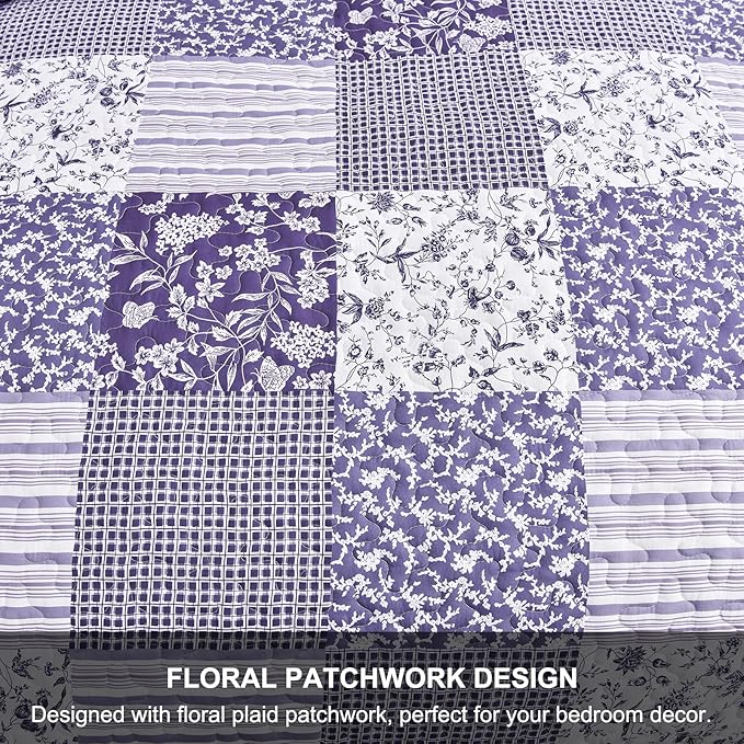 Mybedsoul Purple Quilt Set California King Size, 3 Pieces Boho Plaid Floral Bedspread Set Microfiber Lightweight Bohemian Bedding Bedspread Coverlet Set for All Season 106"x 96"