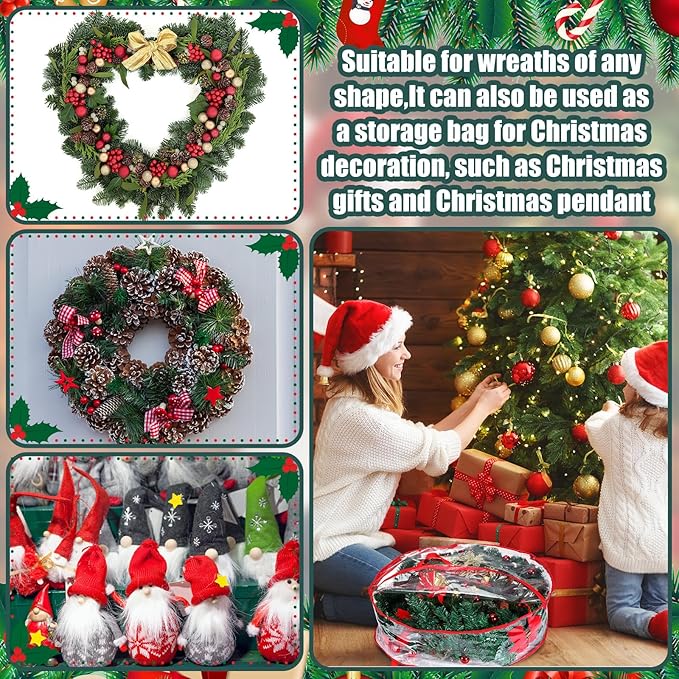 Shappy 4 Pcs 36 Inch Christmas Wreath Storage Container Clear Wreath Storage Bags PVC Waterproof Garland Bags with Clear Window Dual Zippers and Handles for Xmas Holiday Artificial Garland (Red)