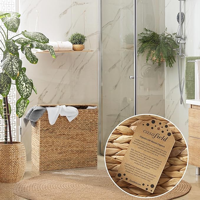 Casafield 2-Section Laundry Hamper with Removable Liner Bags - Natural, Woven Water Hyacinth Double Laundry Basket Sorter for Clothes and Towels