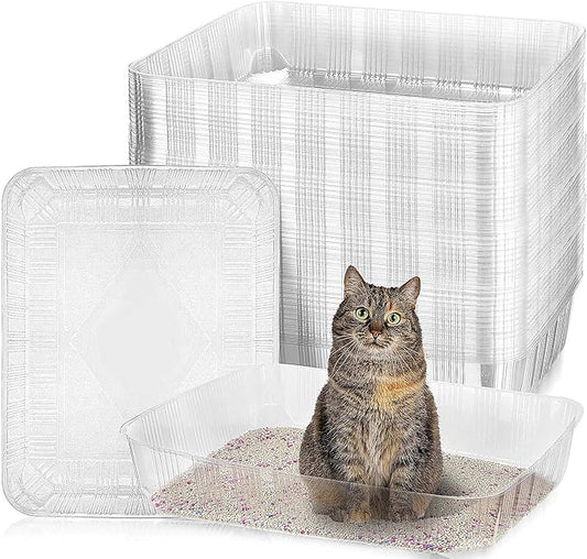 Zubebe 50 Pack Disposable Cat Litter Box for Cats, Large Disposable Kitty Litter Tray Boxes 19.69 x 15.75 x 3.94 Inches Plastic Pets Pan Standard for Indoor Home Travel Portable(Clear)