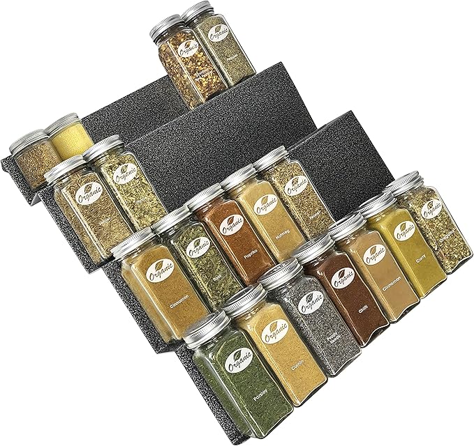 LYNK PROFESSIONAL® Spice Drawer Organizer - Heavy Gauge Steel 4 Tier Rack - Drawer Insert Tray for Jars, Herbs and Seasoning - Kitchen Cabinet Storage - Silver Metallic, Large