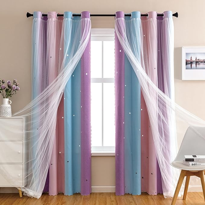 XiDi Pink & Purple Curtains, Unicorn Wall Decals